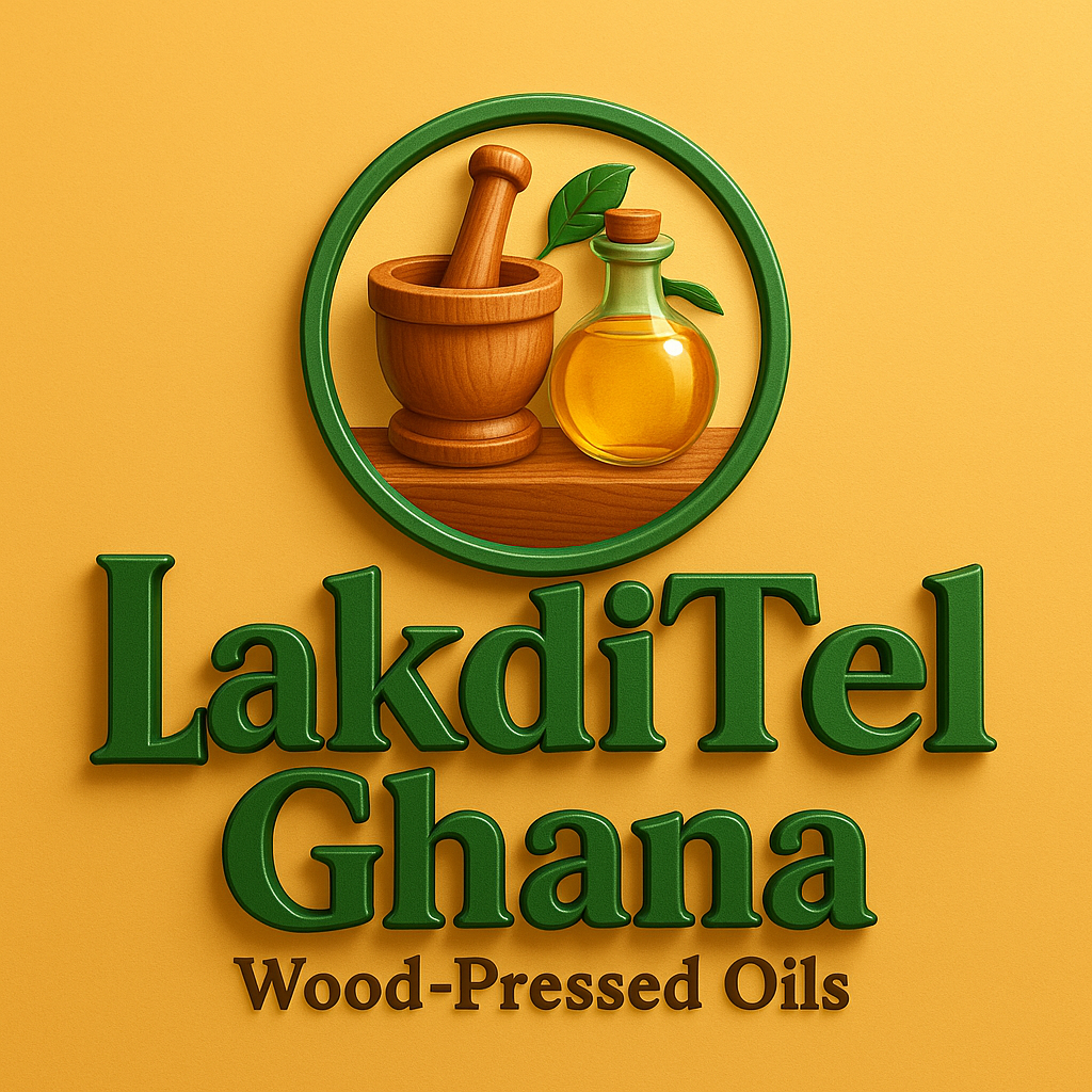 LakdiTel Ghana logo with wooden oil press and bottle